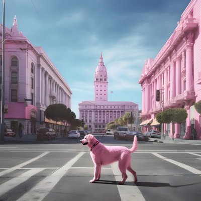 een roze hond midden in de stad San Francisco 3 door Kurt Heppke