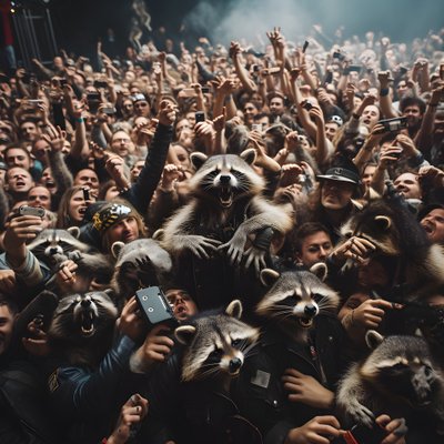 een groep wasberen bij een rockshow door Kurt Heppke