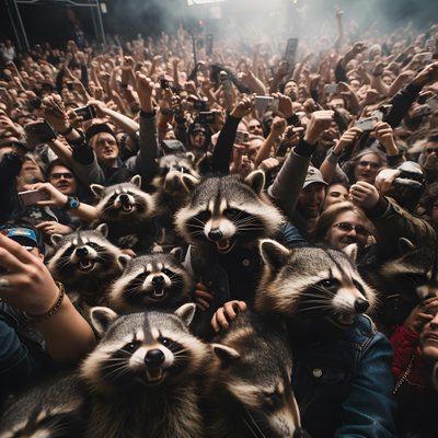 een groep wasberen bij een rockshow door Kurt Heppke