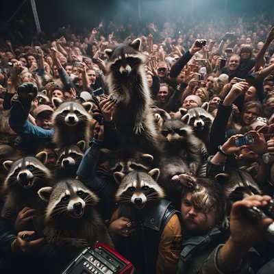een groep wasberen bij een rockshow door Kurt Heppke
