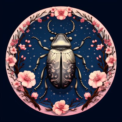 een illustratie van een geïllustreerde kever met paddenstoelen op de achtergrond 1 door Kurt Heppke