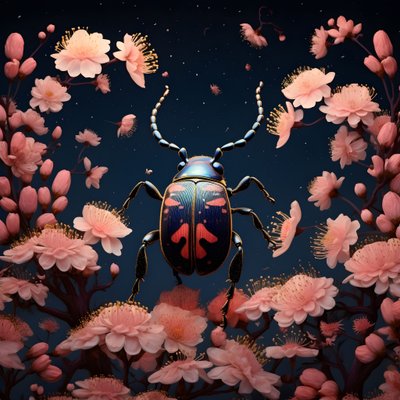 een illustratie van een geïllustreerde kever met paddenstoelen op de achtergrond 2 door Kurt Heppke