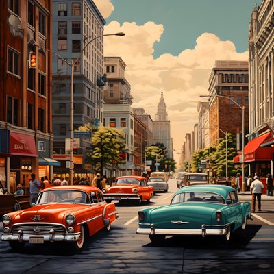 Een stad in de jaren 50 met rode auto