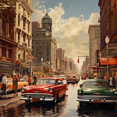 Een stad in de jaren 50 met rode auto