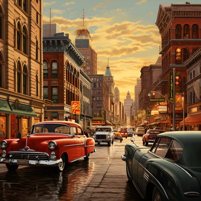 Een stad in de jaren 50 met rode auto