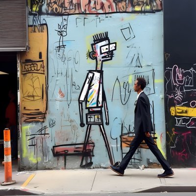 Een geschilderd figuur komt tot leven terwijl het door een straat in New York loopt, surrealistische foto door Kurt Heppke