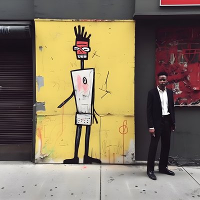 Een geschilderd figuur komt tot leven terwijl het door een straat in New York loopt, surrealistische foto door Kurt Heppke