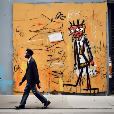 Een geschilderd figuur komt tot leven terwijl het door een straat in New York loopt, surrealistische foto door Kurt Heppke
