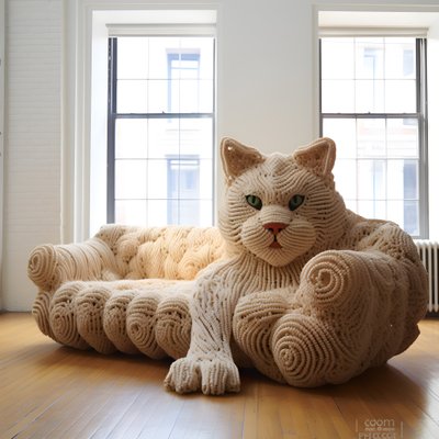 een gigantische gehaakte kat in een realistische woonkamer door Kurt Heppke