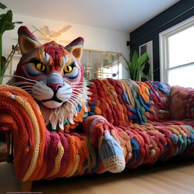 een gigantische gehaakte kat in een realistische woonkamer door Kurt Heppke