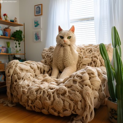 een gigantische gehaakte kat in een realistische woonkamer door Kurt Heppke