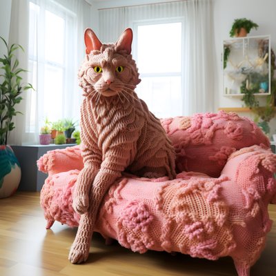 een gigantische gehaakte kat in een realistische woonkamer door Kurt Heppke