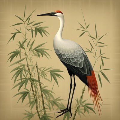 Een mooie Japanse illustratie van een kraanvogel en bamboe 2 door Kurt Heppke