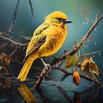 gele vogel op een tak in het water 1 door Kurt Heppke