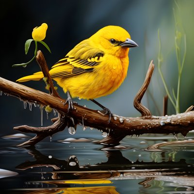 gele vogel op een tak in het water 3 door Kurt Heppke