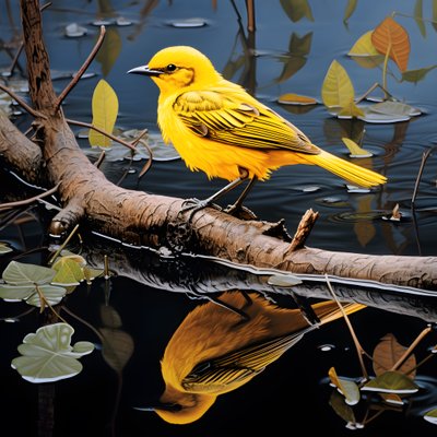 gele vogel op een tak in het water 4 door Kurt Heppke
