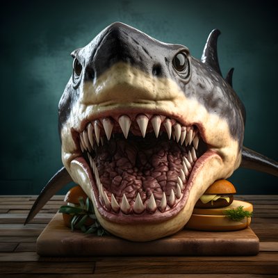 Grote haai-kop cheeseburger met rundvlees op houten bord 1 door Kurt Heppke