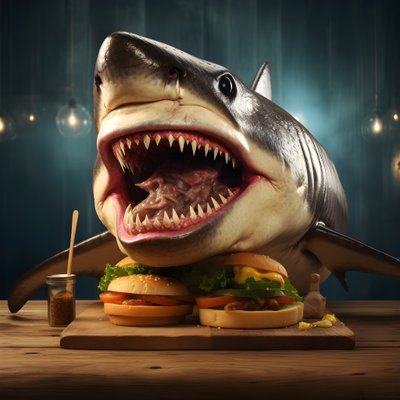 Grote haai-kop cheeseburger met rundvlees op houten bord 3 door Kurt Heppke