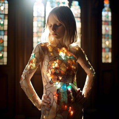 mooi blond meisje van 14 jaar draagt een kleurrijke tiffany-glas-in-lood jurk door Kurt Heppke