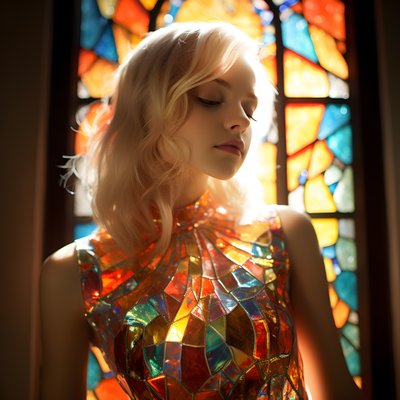 mooi blond meisje van 14 jaar draagt een kleurrijke tiffany-glas-in-lood jurk door Kurt Heppke