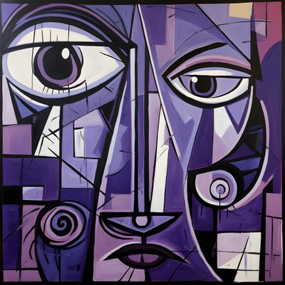 Paarse en grijze geometrische schilderij met paars oog 1 door Kurt Heppke