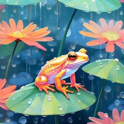 Naadloos patroon van een schilderij van mooie oranje en gele cartoonkikkers zittend op de leliebladeren op het water regen uit aquarel 1 door Kurt Heppke