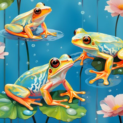 Naadloos patroon van een schilderij van mooie oranje en gele cartoonkikkers zittend op de leliebladeren op het water regen uit aquarel 2 door Kurt Heppke