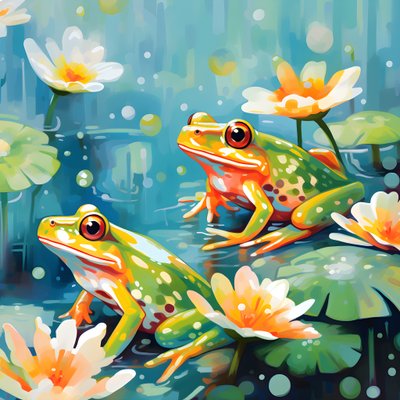 Naadloos patroon van een schilderij van mooie oranje en gele cartoonkikkers zittend op de leliebladeren op het water regen uit aquarel 3 door Kurt Heppke