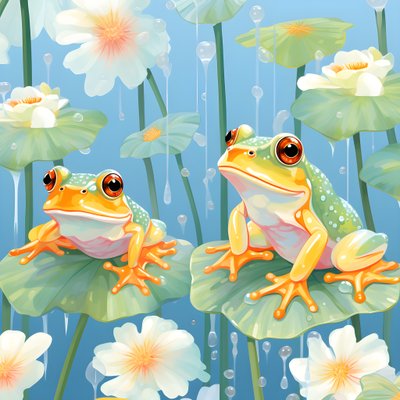Naadloos patroon van een schilderij van mooie oranje en gele cartoonkikkers zittend op de leliebladeren op het water regen uit aquarel 4 door Kurt Heppke