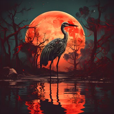 water en een grote vogel staand in de avond bij volle maan 1 door Kurt Heppke