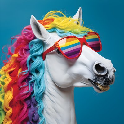 wit paard met regenboogbril op blauwe achtergrond 1 door Kurt Heppke