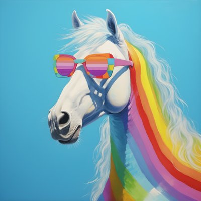 wit paard met regenboogbril op blauwe achtergrond 2 door Kurt Heppke