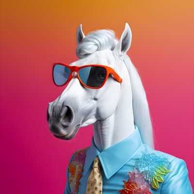 wit paard met regenboogbril op blauwe achtergrond 3 door Kurt Heppke