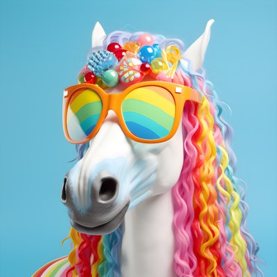 wit paard met regenboogbril op blauwe achtergrond 4 door Kurt Heppke
