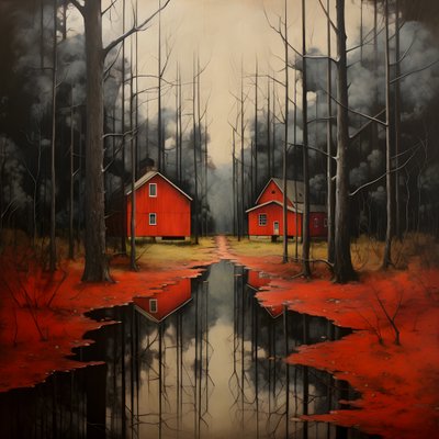 twee rode huizen in het bos 2 door Kurt Heppke