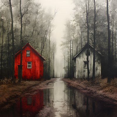 twee rode huizen in het bos 3 door Kurt Heppke