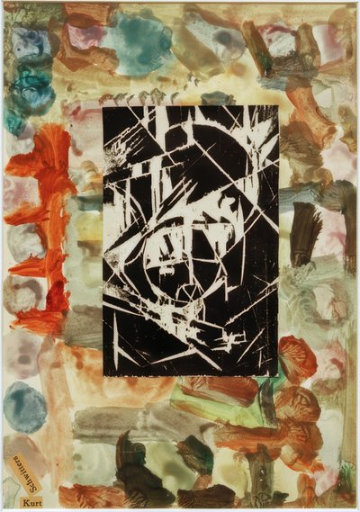 Zonder titel (collage met houtsnede op abstracte schildering) door Kurt Schwitters