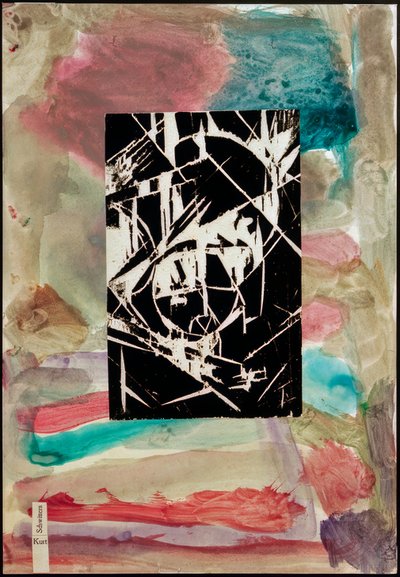 Zonder Titel (Collage met Houtsnede op Abstracte Schilderij) door Kurt Schwitters