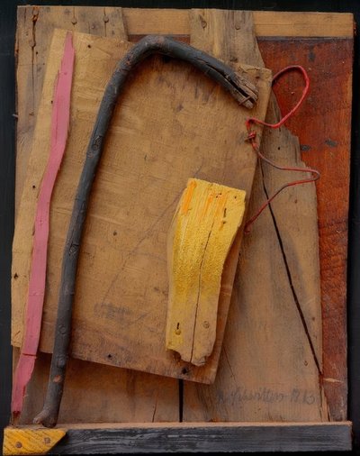 Zonder titel (Merzbeeld roze-geel) door Kurt Schwitters