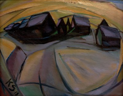 Besneeuwde huizen door Kurt Schwitters