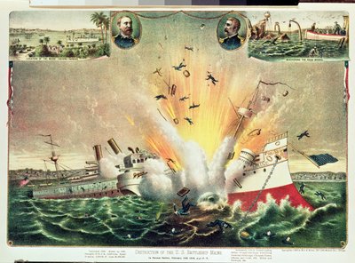 Vernietiging van het Amerikaanse slagschip Maine in de haven van Havana, 15 februari 1898 door Kurz and Allison