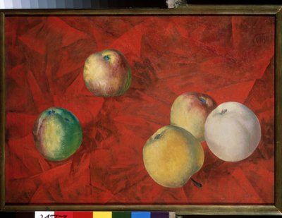 Appels op een rode achtergrond door Kuzma Sergeevich Petrov Vodkin