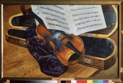 Viool in een koffer door Kuzma Sergeevich Petrov Vodkin