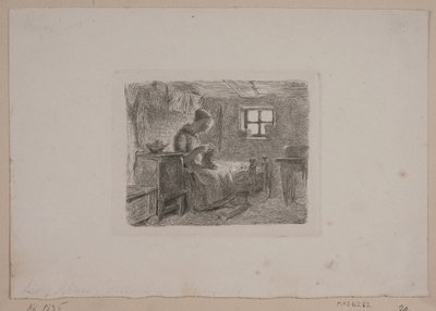 Boerenhuis met een breiende vrouw door L.A. Schou