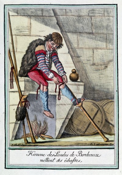 Man van de Bordeaux Moors die zijn stelten aantrekt door L.F. Labrousse