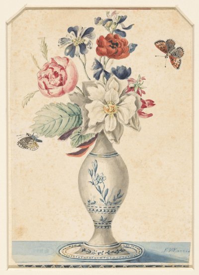 Vaasje met bloemen en een grijsgele vlinder door L.W. Garrison