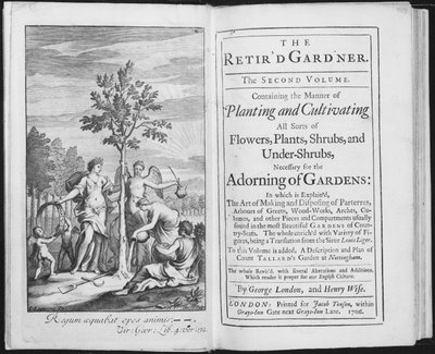 Frontispice van The Retird Gardener door George London en Henry Wise, gegraveerd door Van der Gucht, 1706 door L. Laguerre