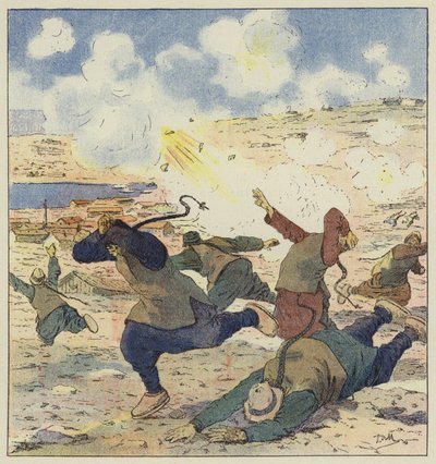 Vlucht van de Chinezen bij het eerste bombardement van Port-Arthur door L. Malespine