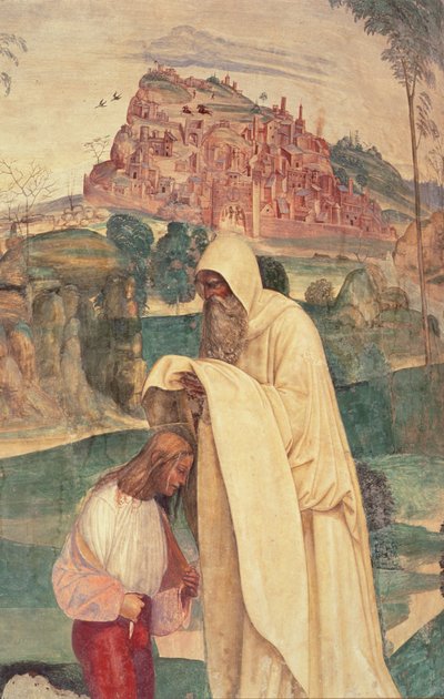 Leven van St. Benedictus, scène 4: De monnik Romanus kleedt Benedictus door L. Signorelli