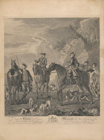 Een set van zeven, ongetiteld, elk opgedragen: Aan de Eerwaarde Thomas Lord Viscount Weymouth...van het originele schilderij in Long Leat Hall. [Ruiters en honden rustend in een rotsachtig landschap.] door L. Truchy